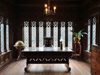 brown wooden table near brown wooden door