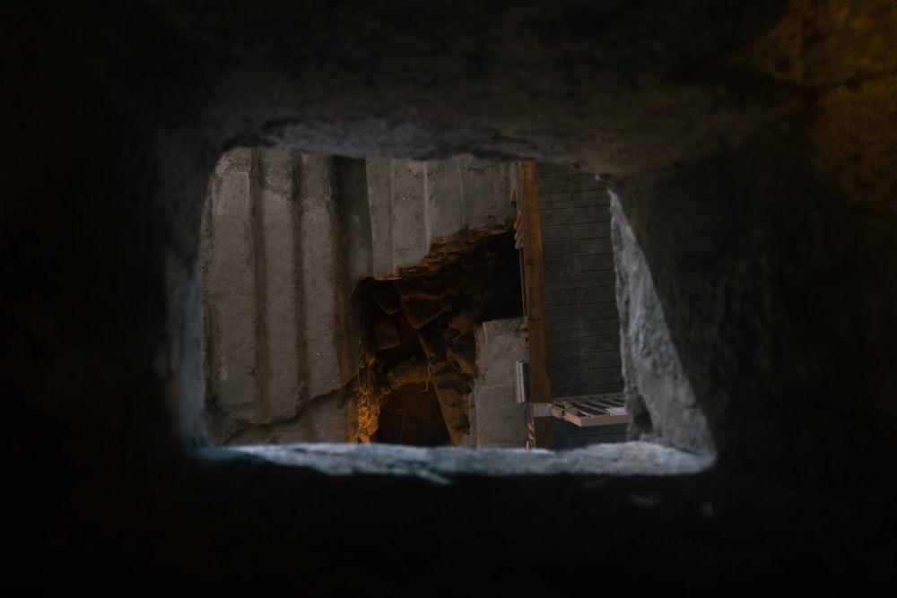 a view of a doorway in a stone building