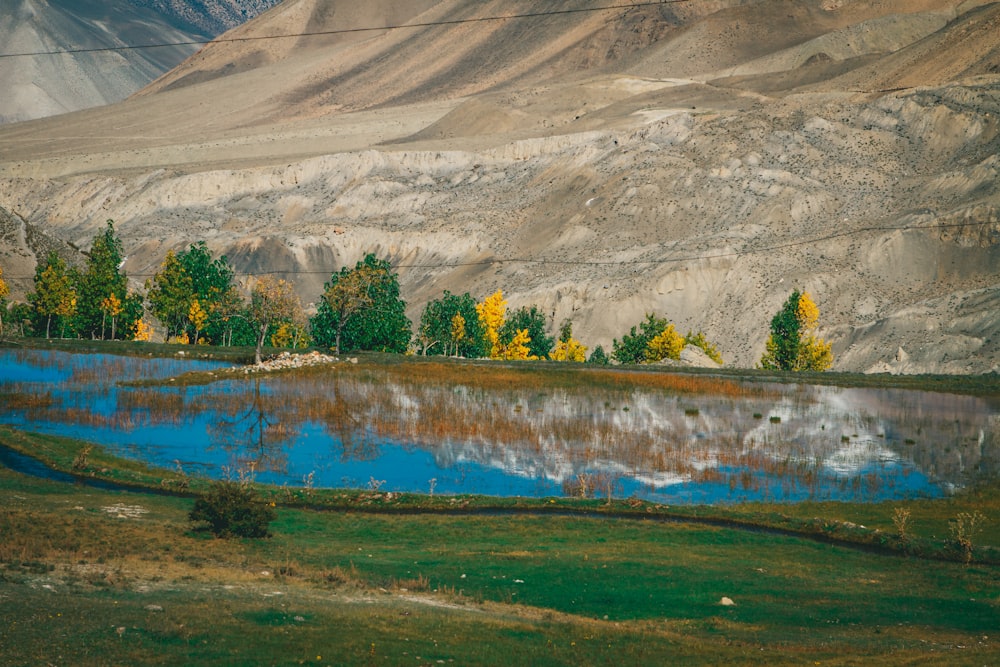 a small lake surrounded by mountains and trees