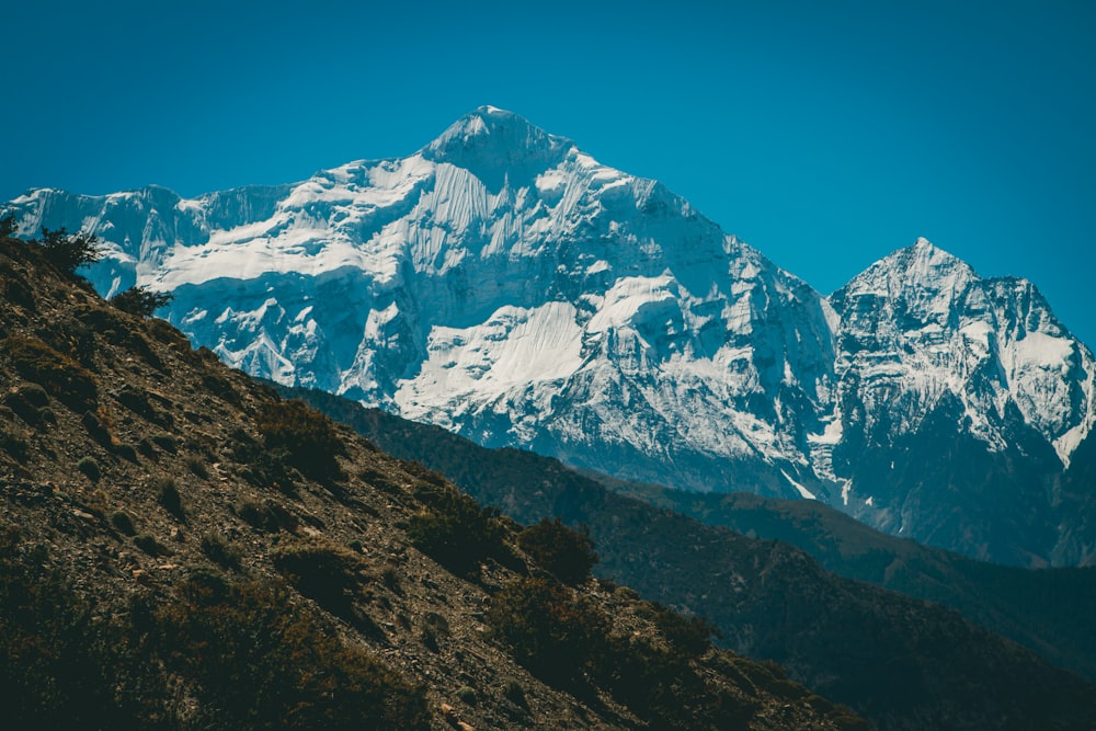 a snow covered mountain with a clear blue sky