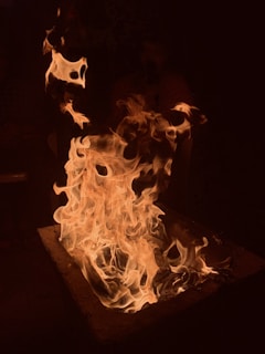 Vibrant flames dance with dynamic shapes and varying intensities, emanating from a fire pit. The fire illuminates its immediate surroundings, creating intricate patterns of light and shadow.