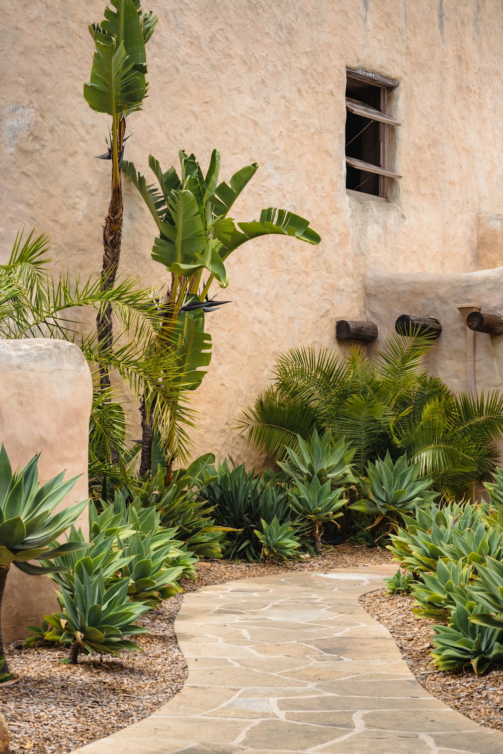 a stone pathway between two buildings with plants