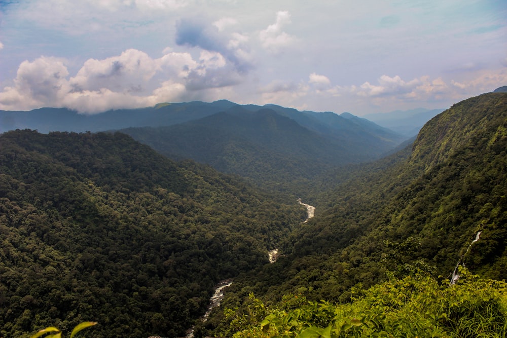 a view of a valley with a river running through it