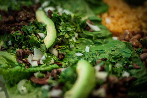 Close-up of a vibrant Brazilian dish with fresh herbs and colorful ingredients.