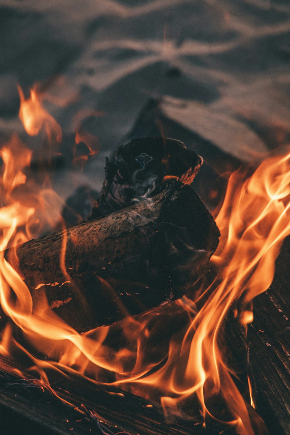 un morceau de bois posé sur un feu