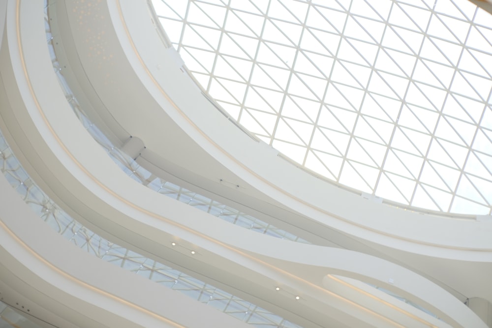 the ceiling of a large building with a skylight