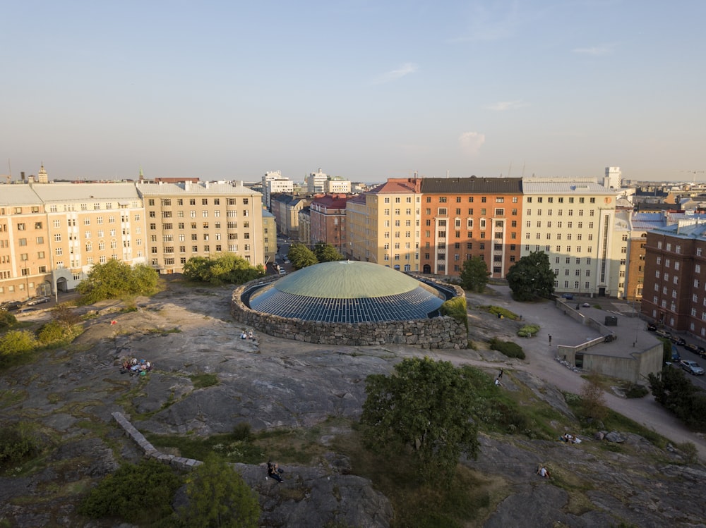 an aerial view of a city with buildings