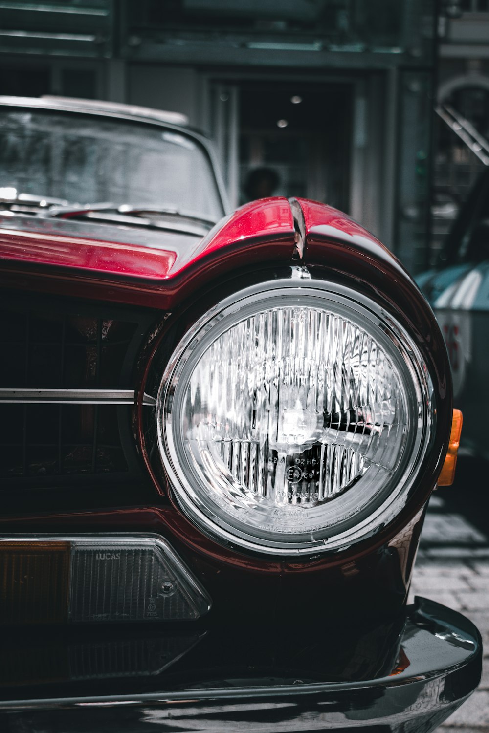 a close up of a car headlight on a car