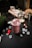 A berry smoothie in a clear plastic cup with a domed lid is placed on a dark countertop. Surrounding the smoothie are scattered ice cubes and fresh raspberries and blackberries. In the background, there are kitchen items including a waffle iron, a glass jar, and metal utensils.