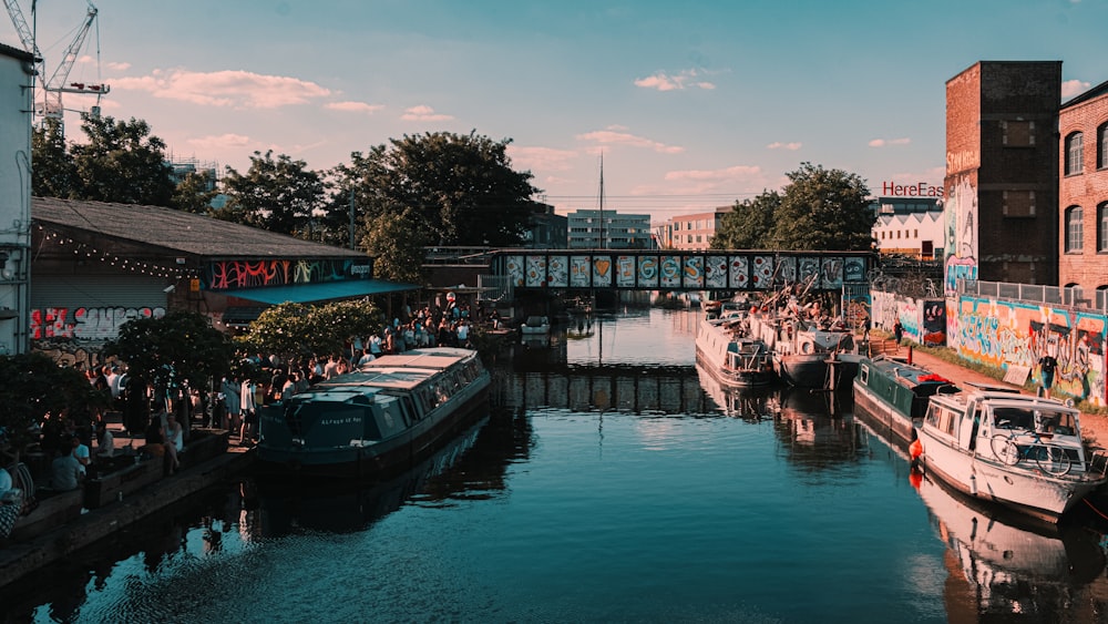 a group of people standing on the side of a river