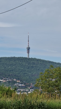 Wide shot of wireless antennas providing coverage over a small town.