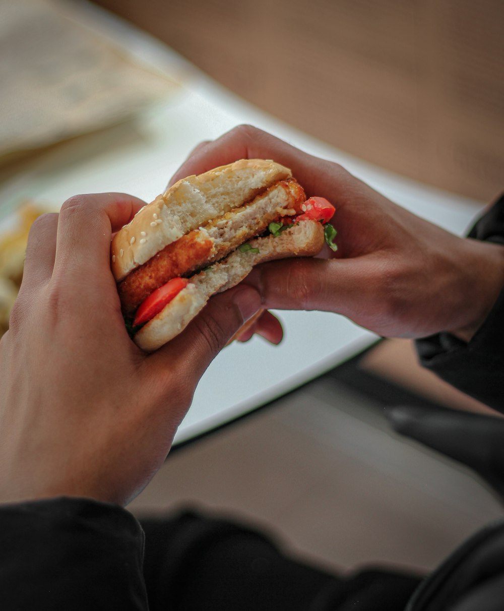 a person holding a sandwich in their hand