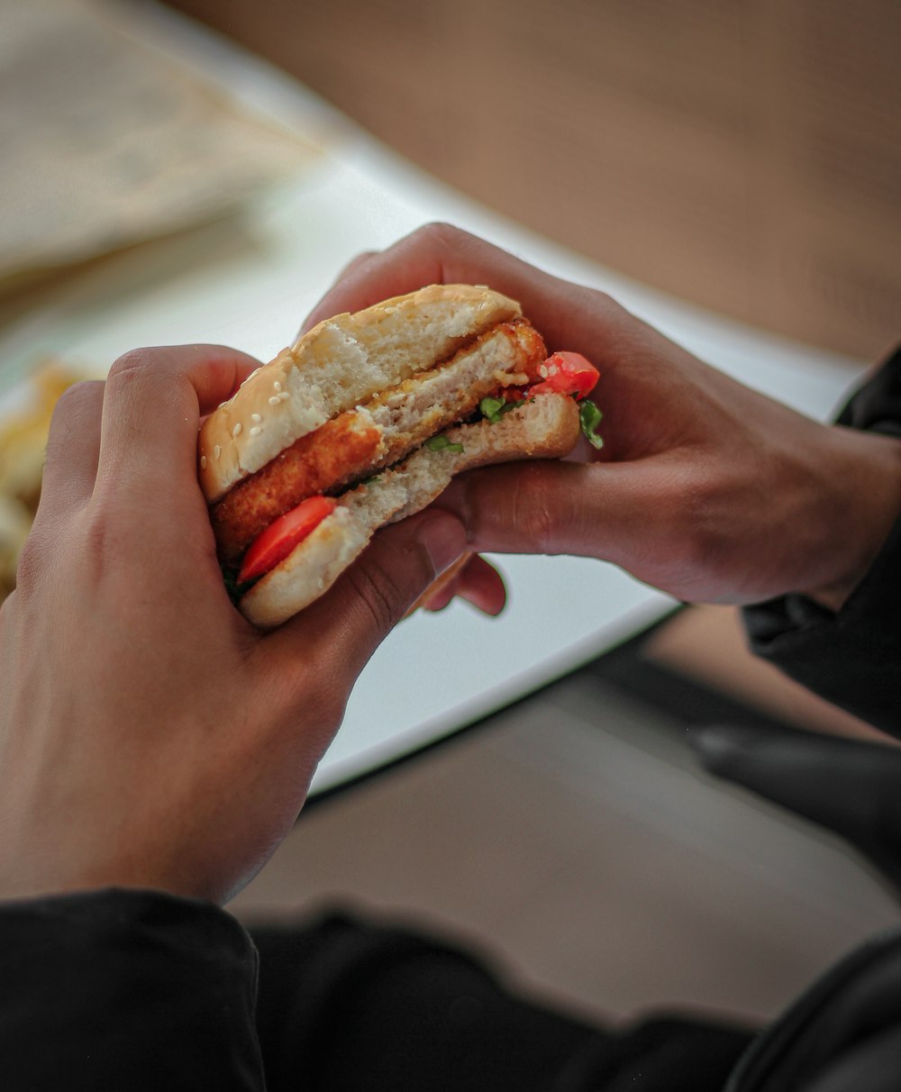 una persona sosteniendo un sándwich en la mano