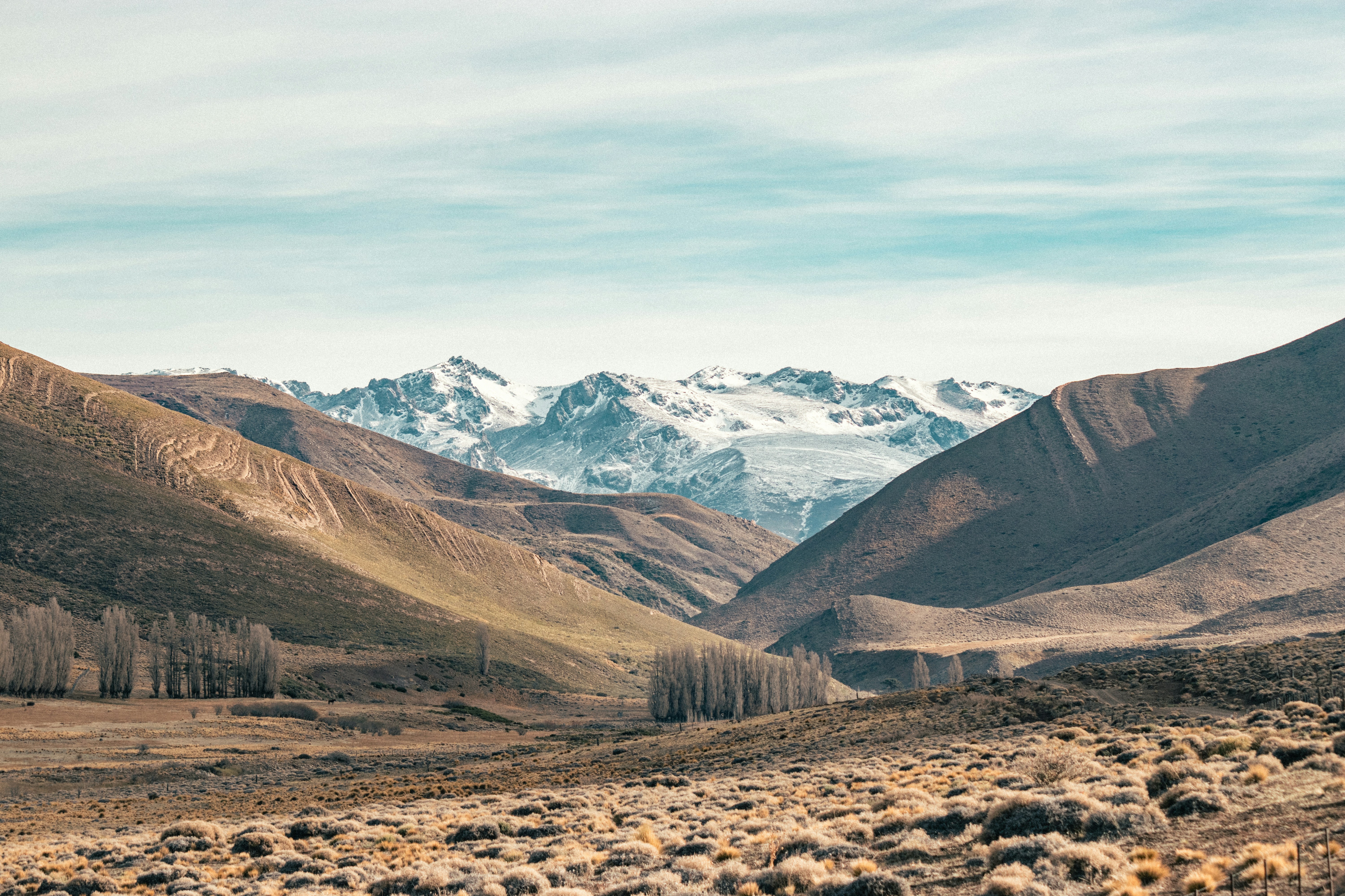 a view of a valley with mountains in the background