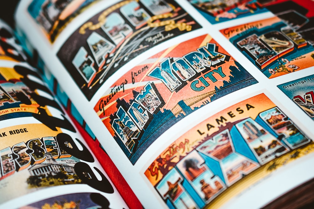 a close up of a book with many pictures