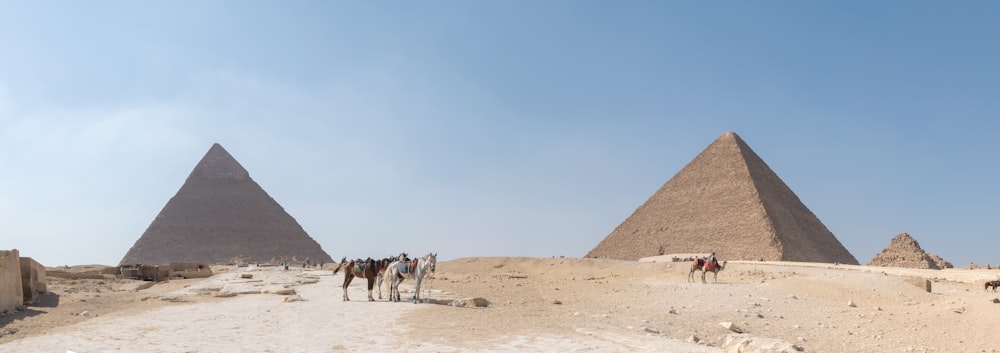 a group of people riding horses in front of three pyramids