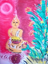 A serene and mystical image depicting a woman meditating surrounded by magical colors.