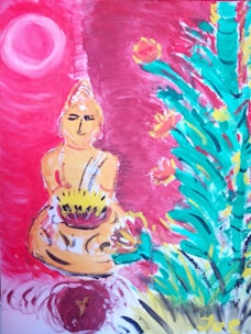 A painting of a serene figure in a meditative pose, surrounded by vibrant colors. The figure holds a flower, and there is a tree with blooming flowers on the side. The background is filled with swirling patterns and a large, pink circular shape in the top corner.