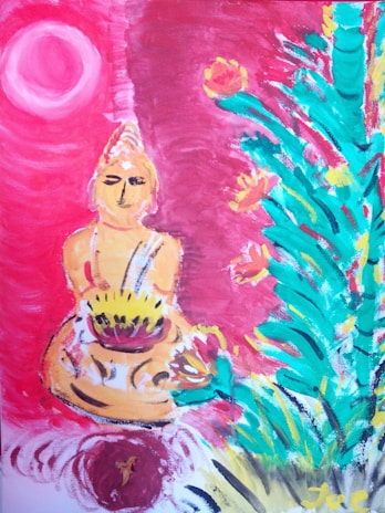 A painting of a serene figure in a meditative pose, surrounded by vibrant colors. The figure holds a flower, and there is a tree with blooming flowers on the side. The background is filled with swirling patterns and a large, pink circular shape in the top corner.