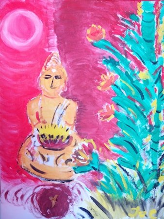 A painting of a serene figure in a meditative pose, surrounded by vibrant colors. The figure holds a flower, and there is a tree with blooming flowers on the side. The background is filled with swirling patterns and a large, pink circular shape in the top corner.