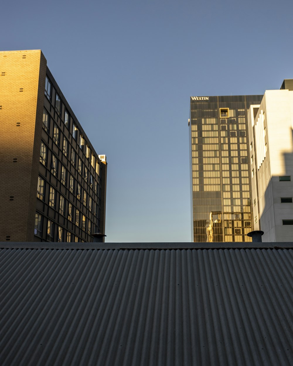 Blick von einem Dach auf zwei Gebäude