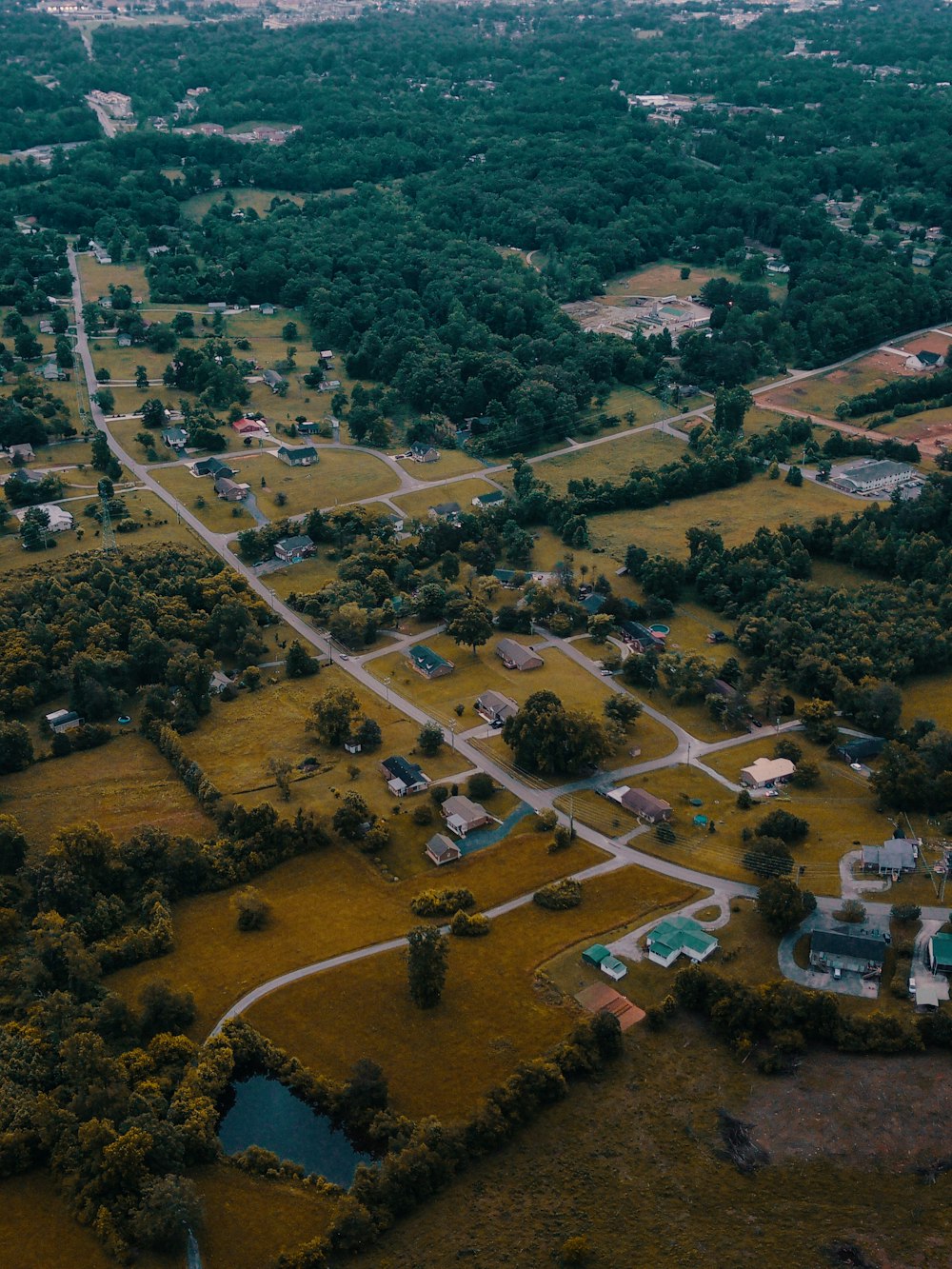 an aerial view of a small town surrounded by trees