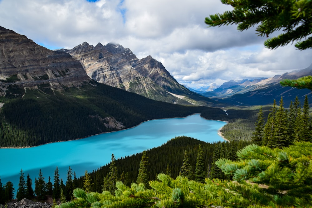 a blue lake surrounded by mountains under a cloudy sky