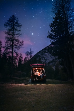 a group of people sitting in a golf cart under a night sky