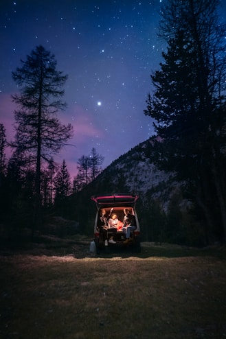 a group of people sitting in a golf cart under a night sky