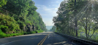 A scenic Indian road stretching through lush green countryside at sunrise