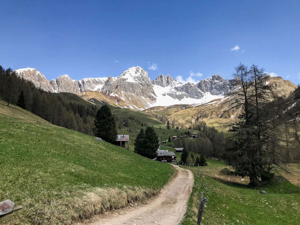 a dirt road going through a lush green valley