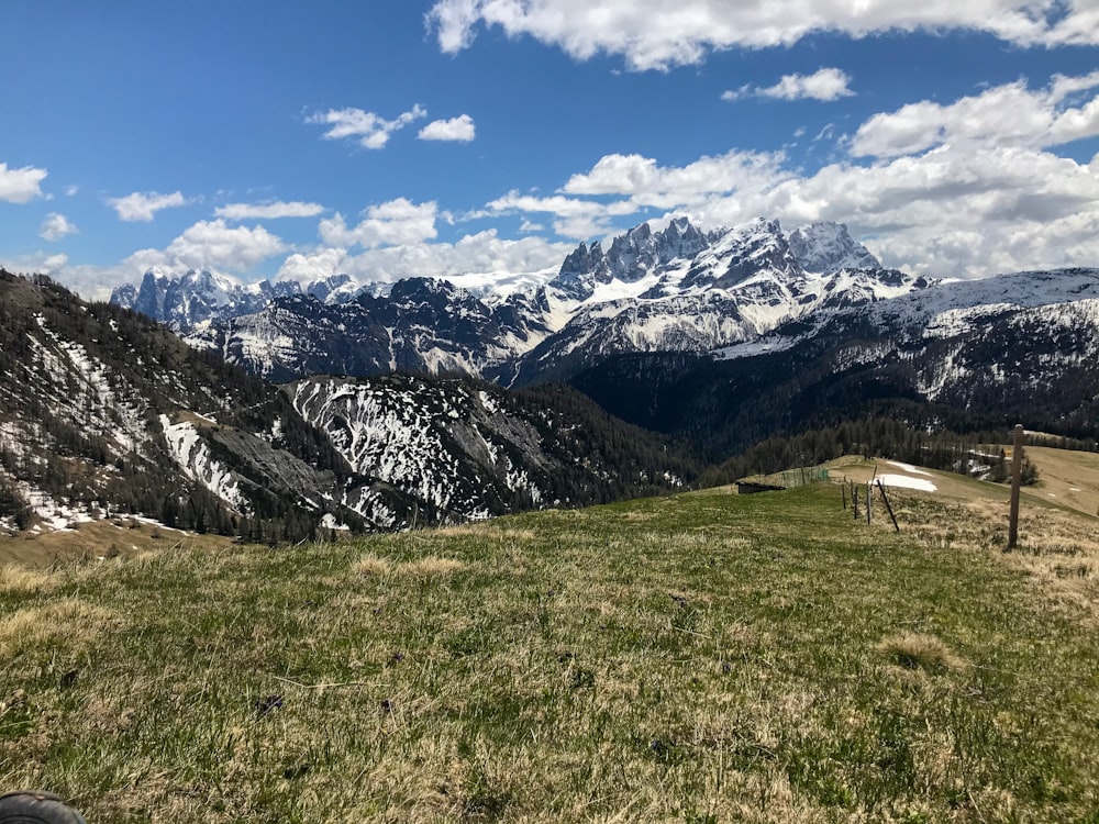 a grassy field with mountains in the background