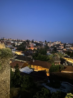 A panoramic view of a residential area featuring upscale villas at dusk.