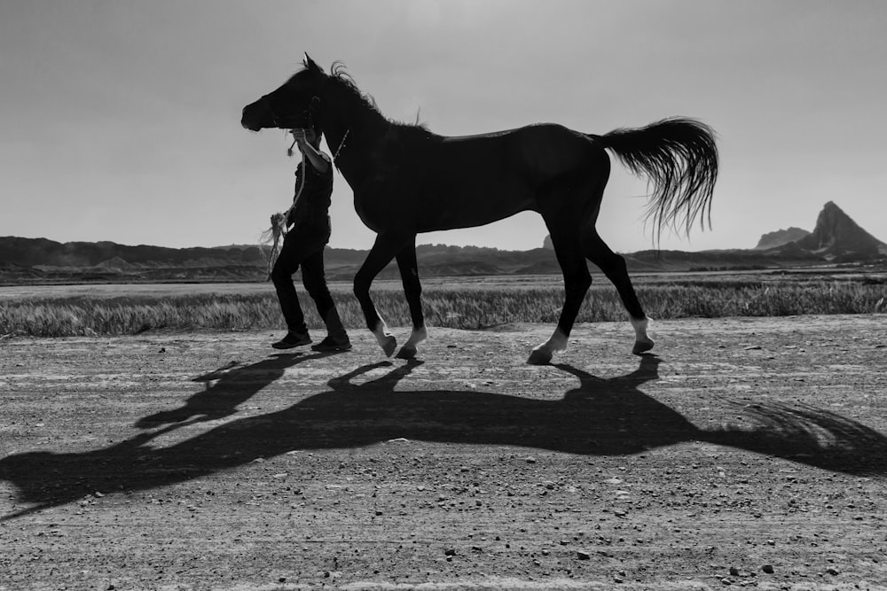 a woman walking a horse across a dirt field