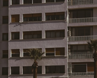 a tall building with palm trees in front of it