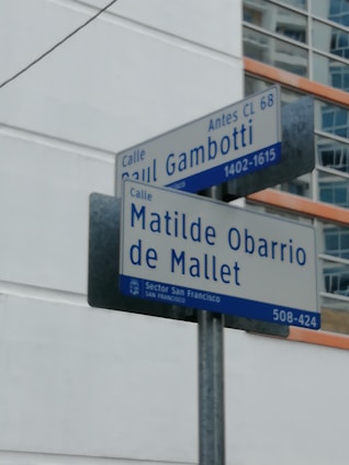 Street signs at a junction, showing the names 'Calle Raul Gambotti' and 'Calle Matilde Obarrio de Mallet'. The signs are mounted on a metal pole in front of a modern building with glass windows.