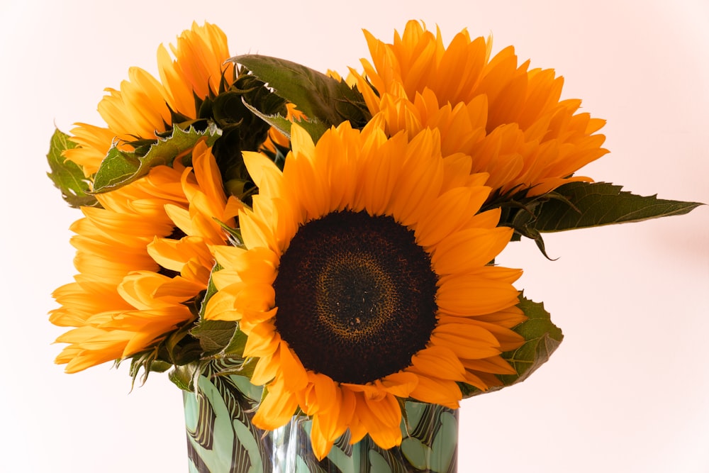 a vase filled with yellow sunflowers on top of a table