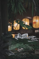 Softly glowing lanterns beside an open zither on a wooden table.