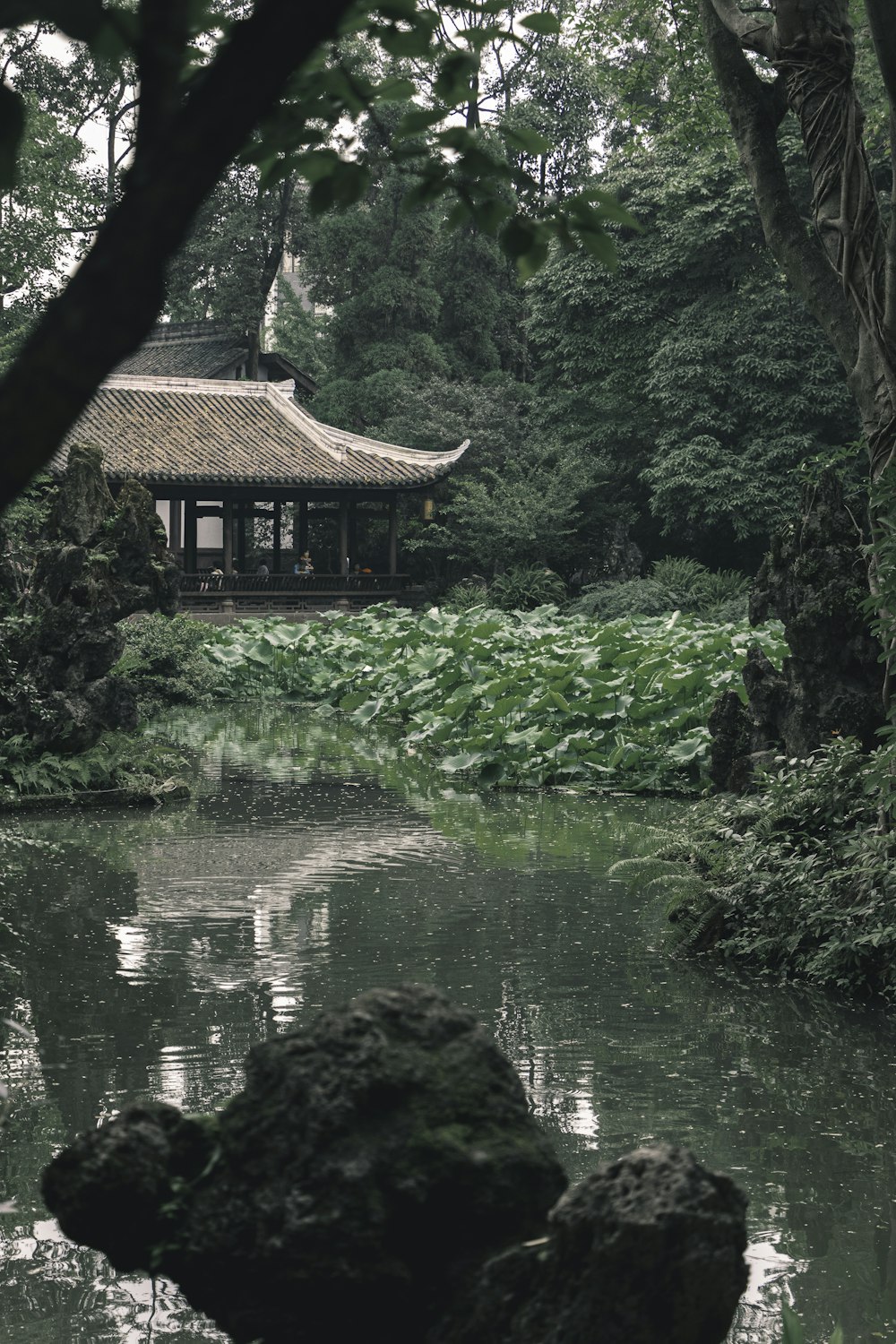 a pond in a park with a pavilion in the background