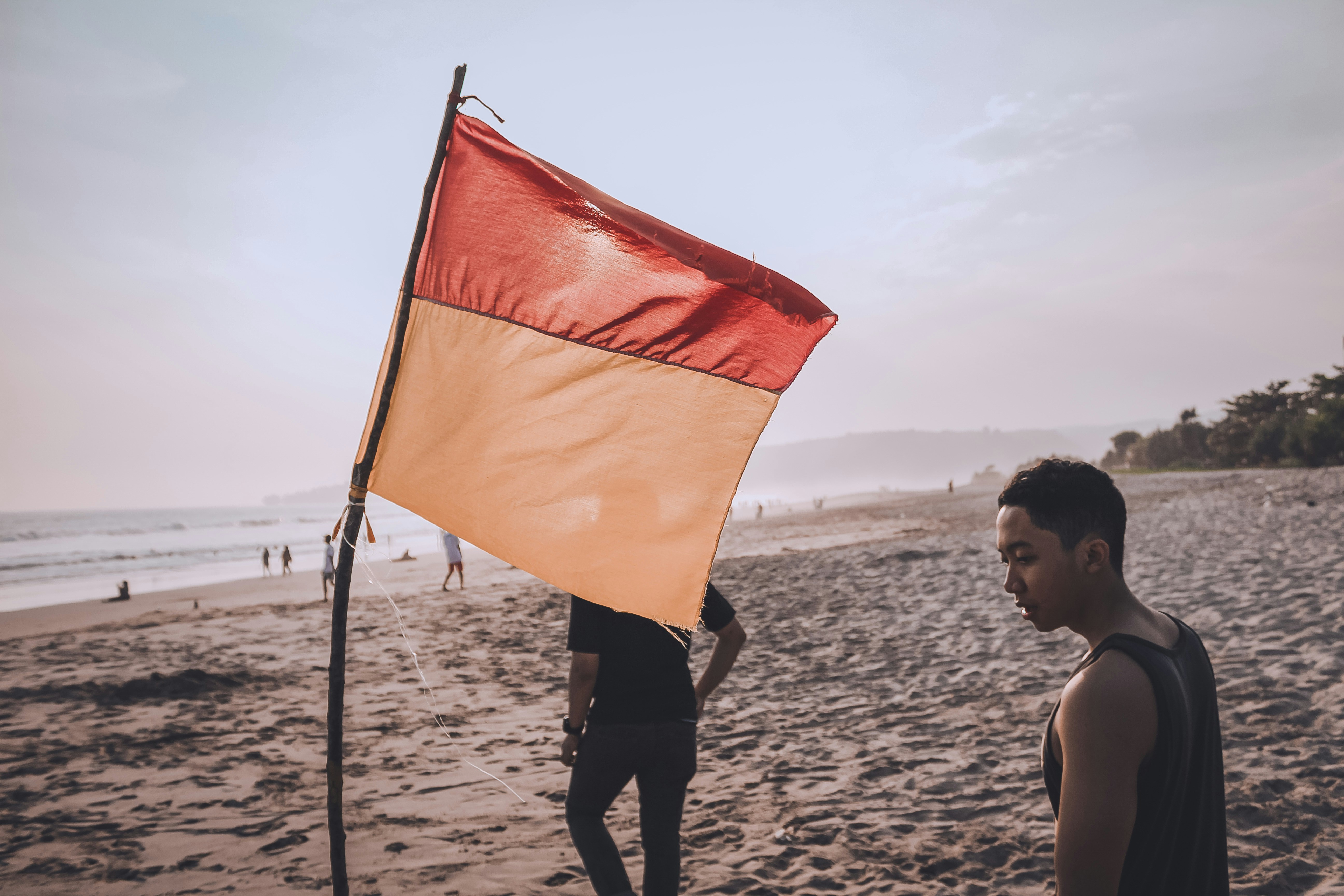 a man holding a flag on the beach