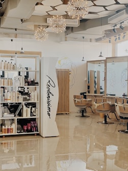 A modern hair salon with elegant design elements. The space features built-in shelves stocked with hair products, large mirrors, and cushioned salon chairs. The ceiling is decorated with geometric patterns and several spherical light fixtures. A mural of abstract line art adorns the walls.