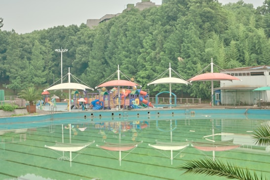 Community swimming pool with clear water and surrounding greenery on a sunny day.