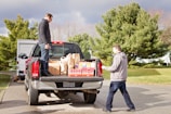 Two people interact with a pickup truck loaded with grocery bags and boxes. One person stands on the truck bed, while the other approaches from the side. The scene is set in a residential area with trees in the background and a partly cloudy sky.