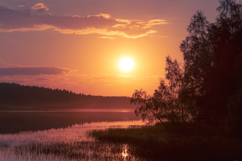 the sun is setting over a lake with trees in the foreground