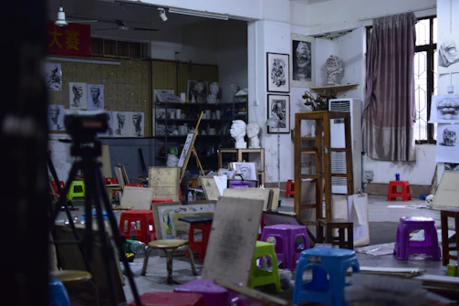 A serene art studio with painting supplies and a calming atmosphere.