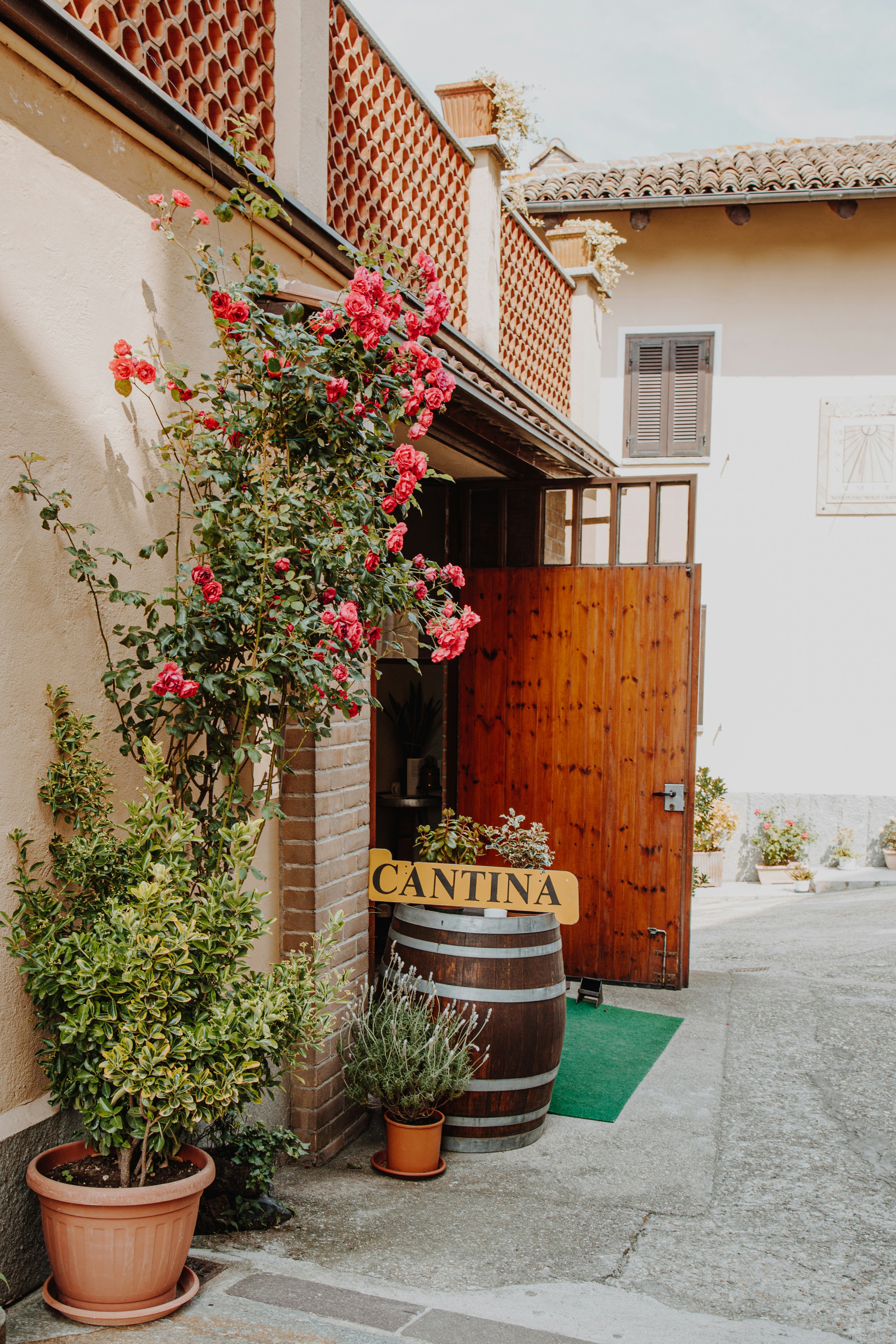 um barril de vinho sentado ao lado de um edifício com flores crescendo fora dele