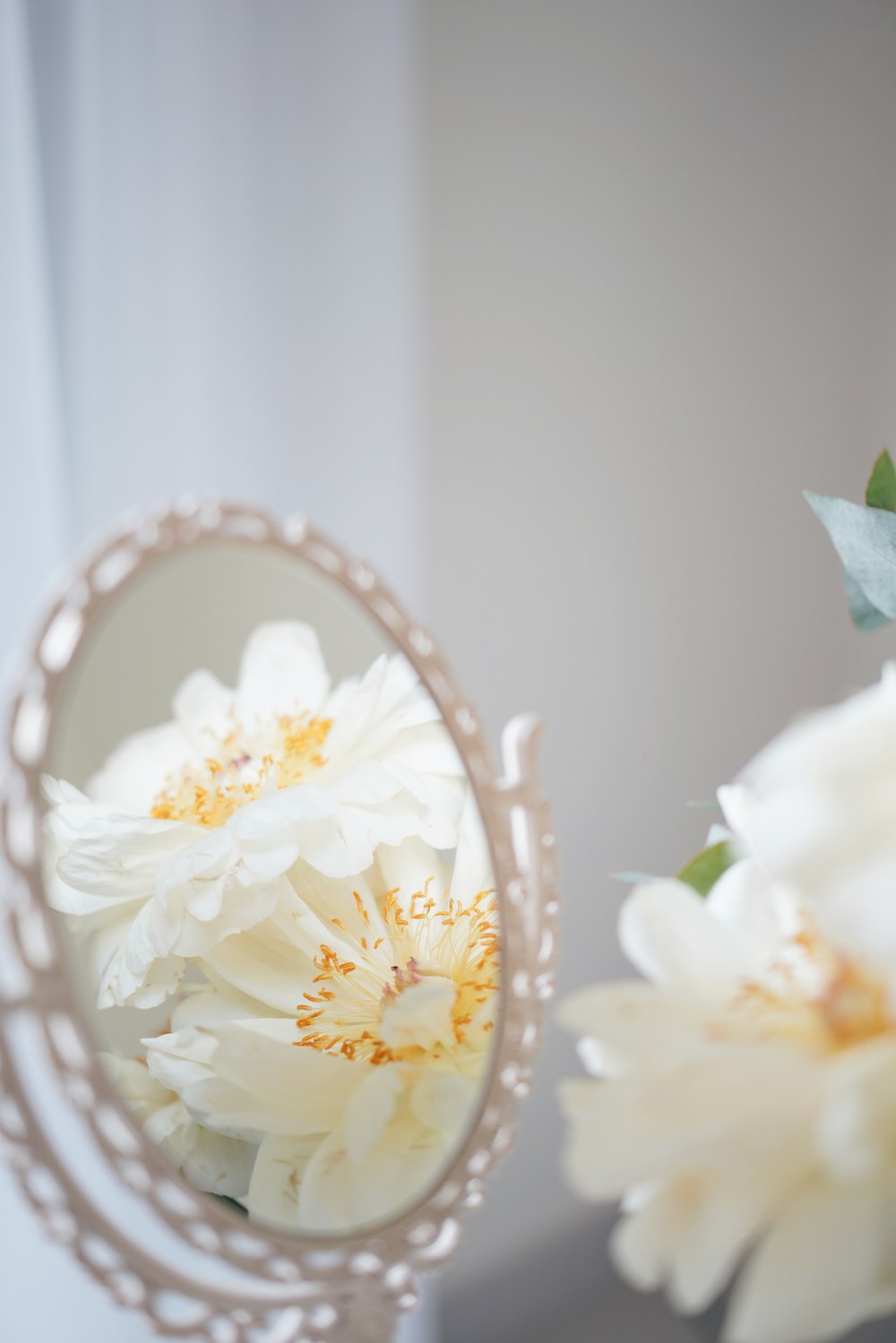 a close up of a mirror with flowers in it