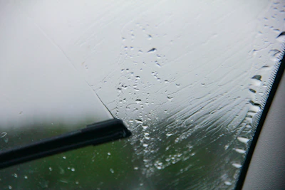 Car windshield wipers in action during a rainy day.