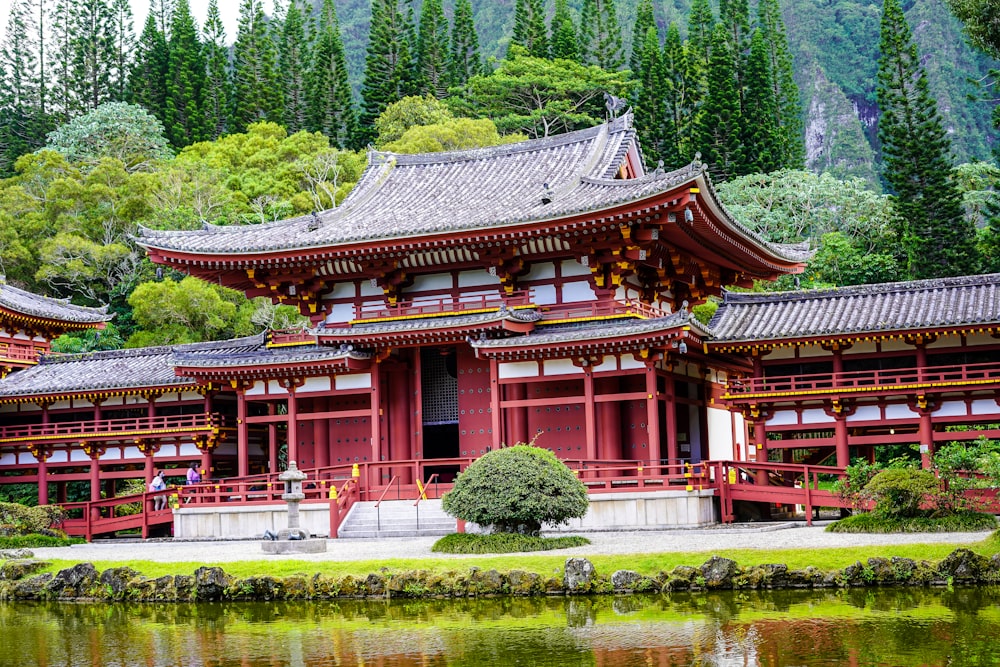 brown and black temple near green trees and body of water during daytime