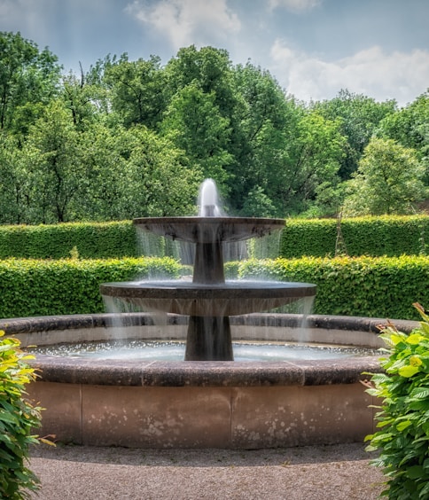 a water fountain surrounded by hedges and trees